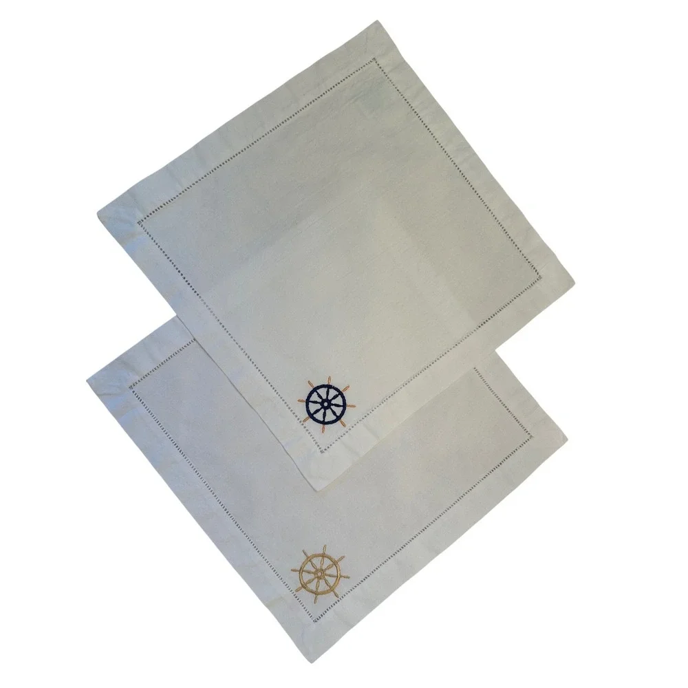 Williams Sonoma Nautical Hemstitch‎ Cotton Napkins Cocktail Bar Set of 2, READ